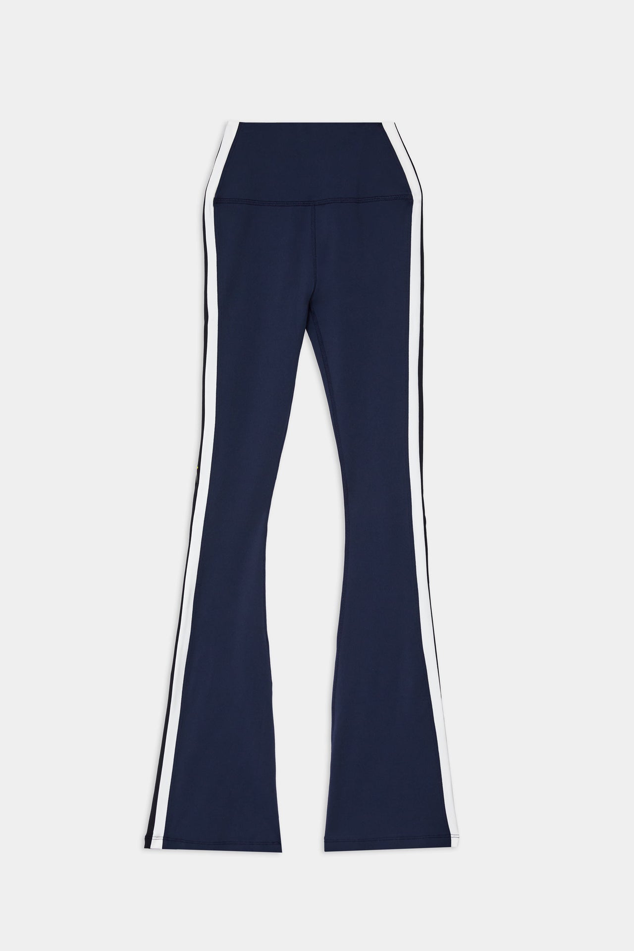 Front flat view of dark blue high waist below ankle length legging with wide flared bottoms and white and black side stripes on both legs.