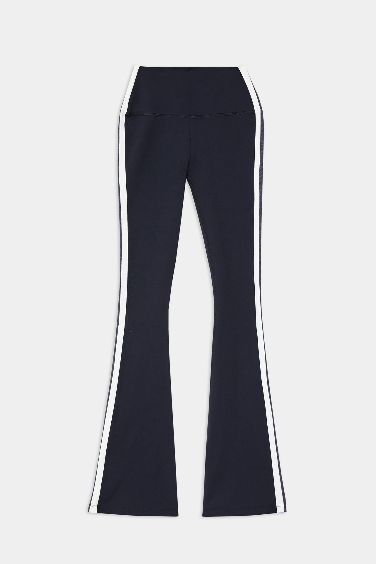 Front flat view of black high waist below ankle length legging with wide flared bottoms with white and dark gray side stripes on both legs