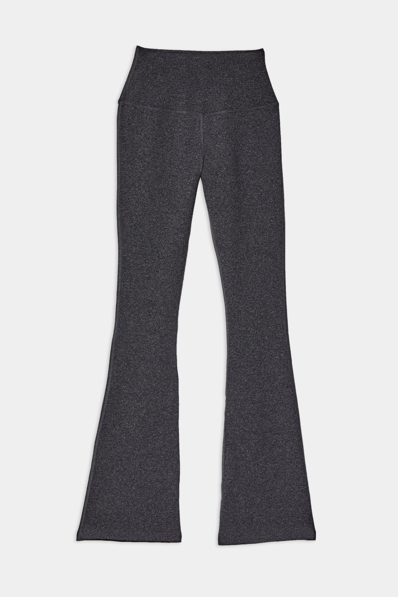Front flat view of dark gray high waist below ankle length legging with wide flared bottoms