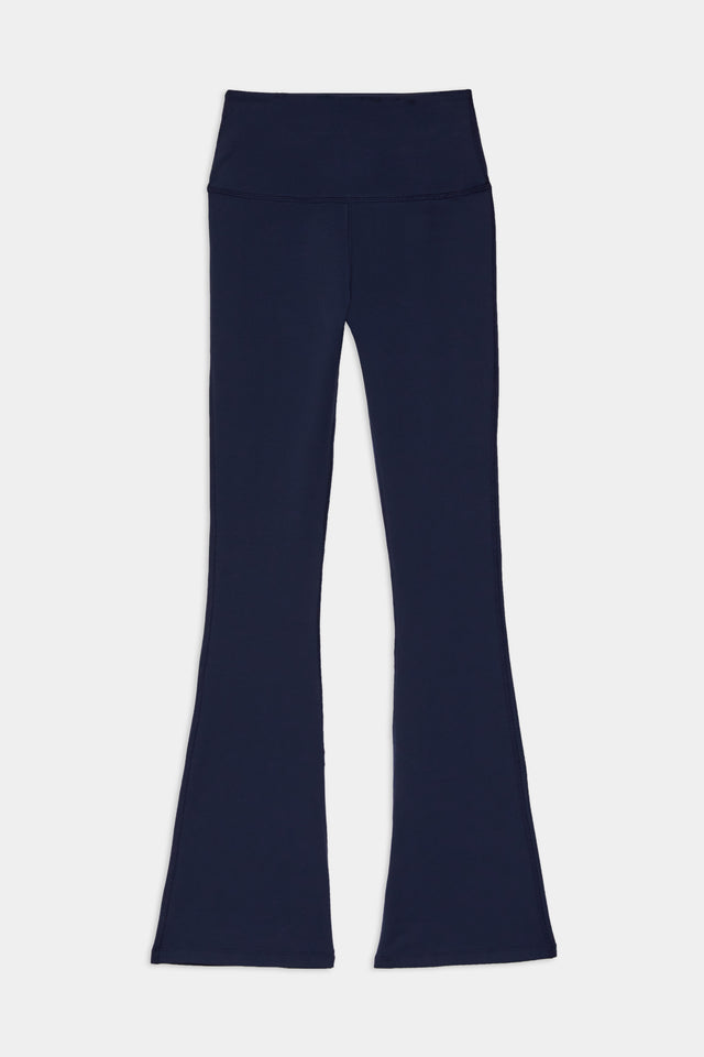 Front flat view of dark blue high waist below ankle length legging with wide flared bottoms