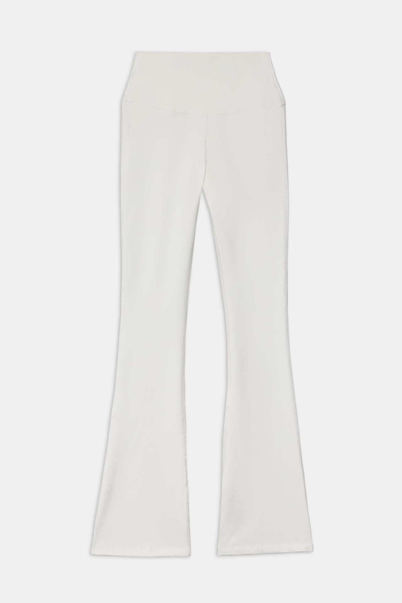 Front flat view of white high waist below ankle length legging with wide flared bottoms