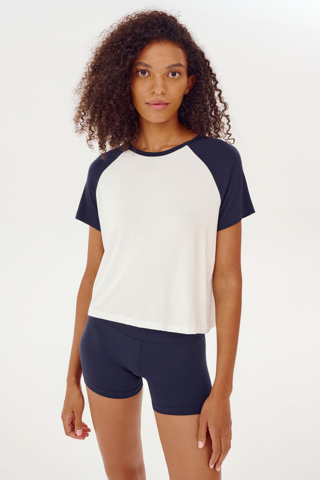 Women's SPLITS59 navy and white Baseball Jersey Tee for gym workouts.