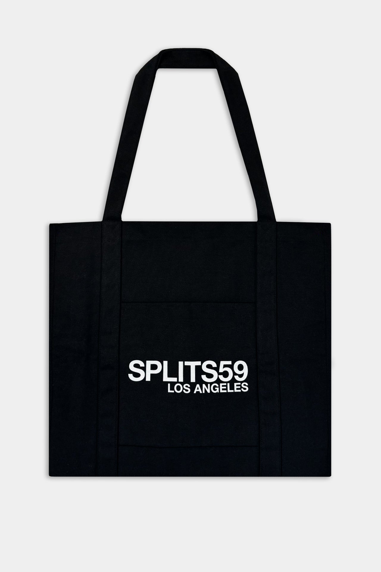 Front flat view of black tote bag with Splits59 Los Angeles white letter print
