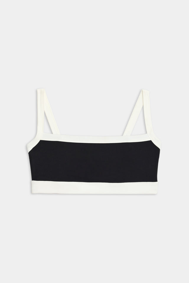 A SPLITS59 Monah Rigor Bra - Black/White designed for support and comfort on a white background.