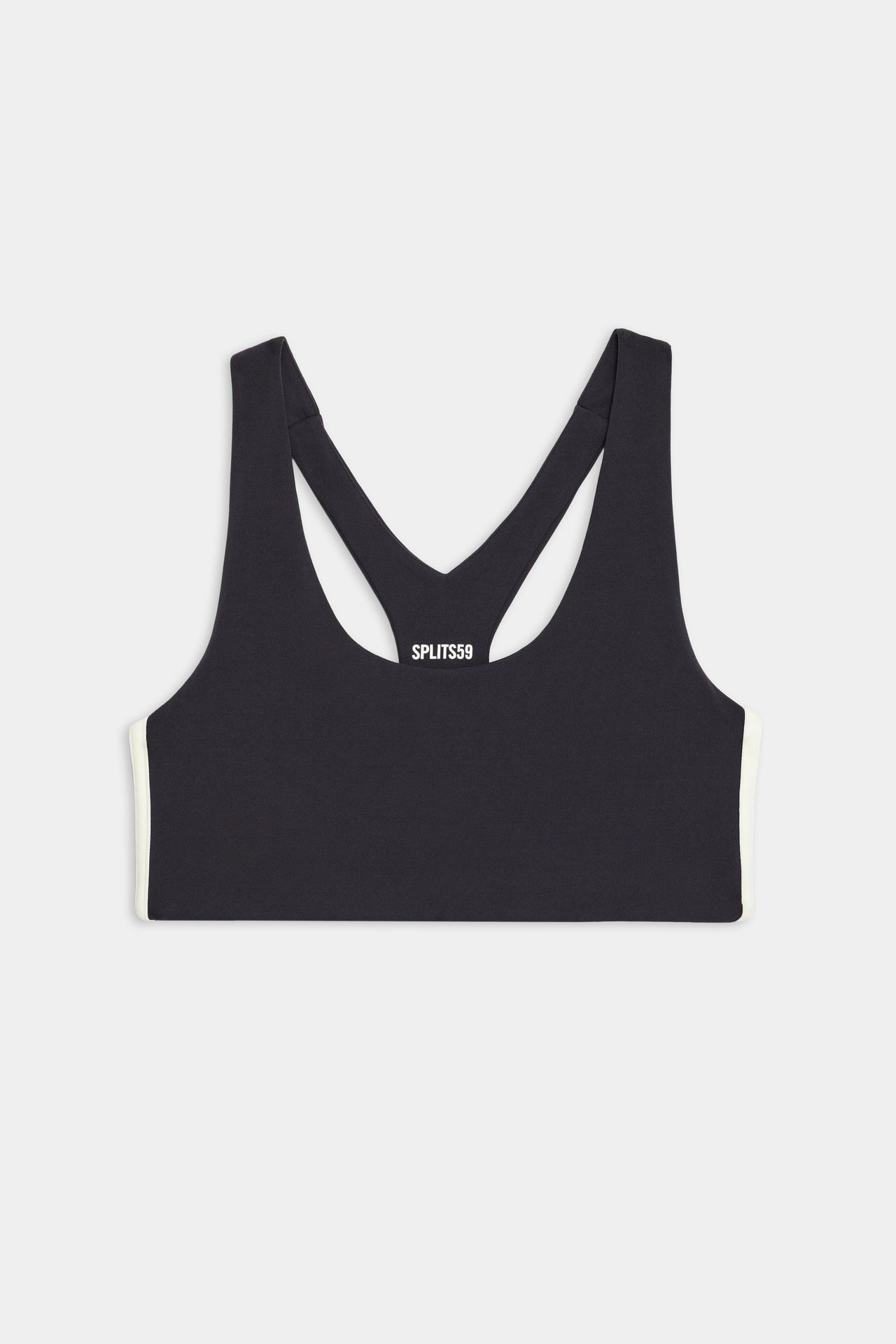 Flat view of dark grey sports bra with a thin white and black stripes down the side