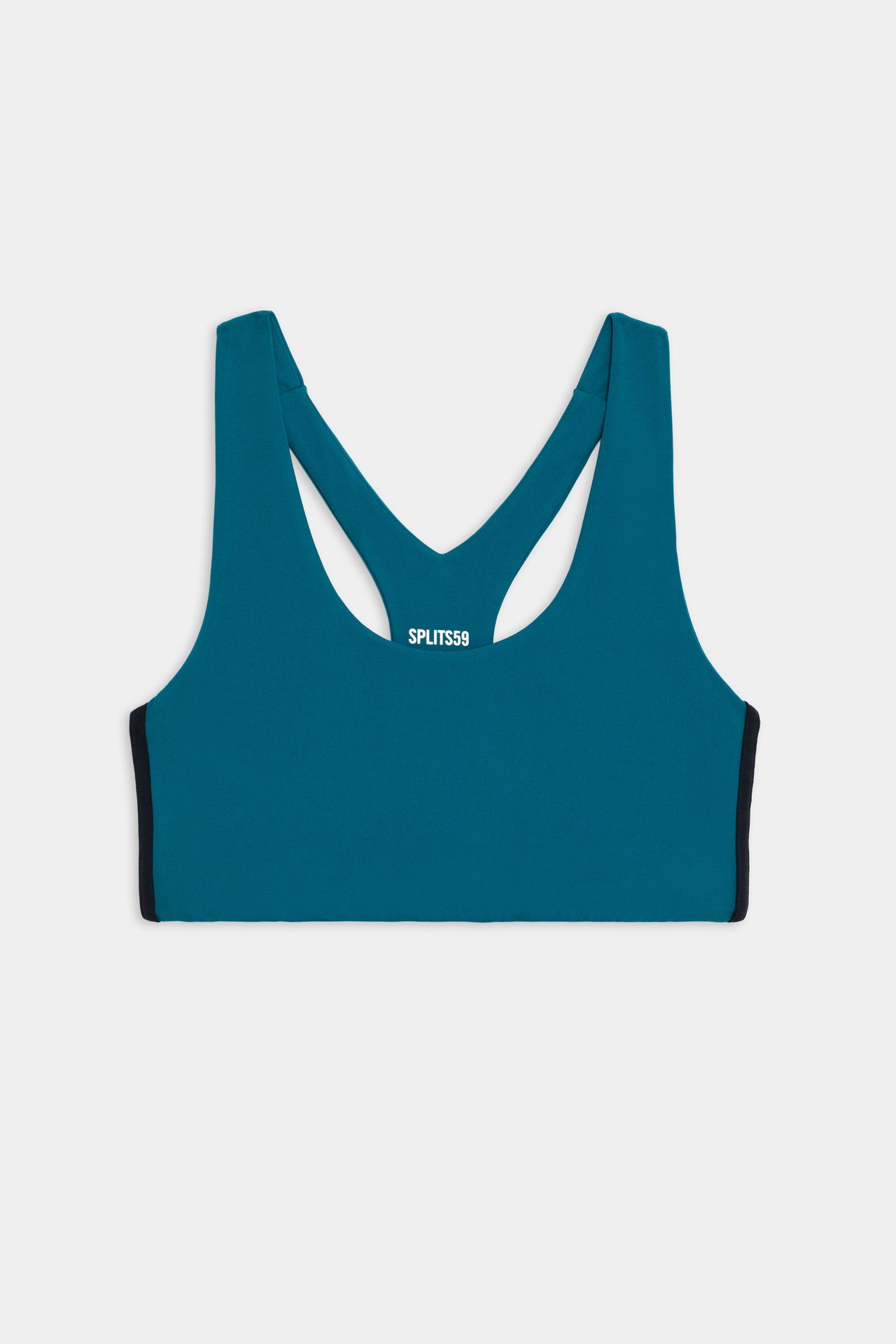 Flat view of greenish blue sports bra with two thin black stripes down the side