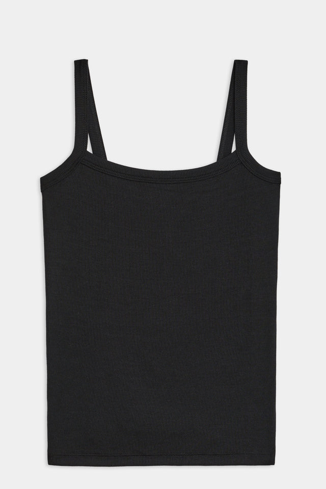 Front flat view of black square front and back neckline ribbed tank top with thick arm strap