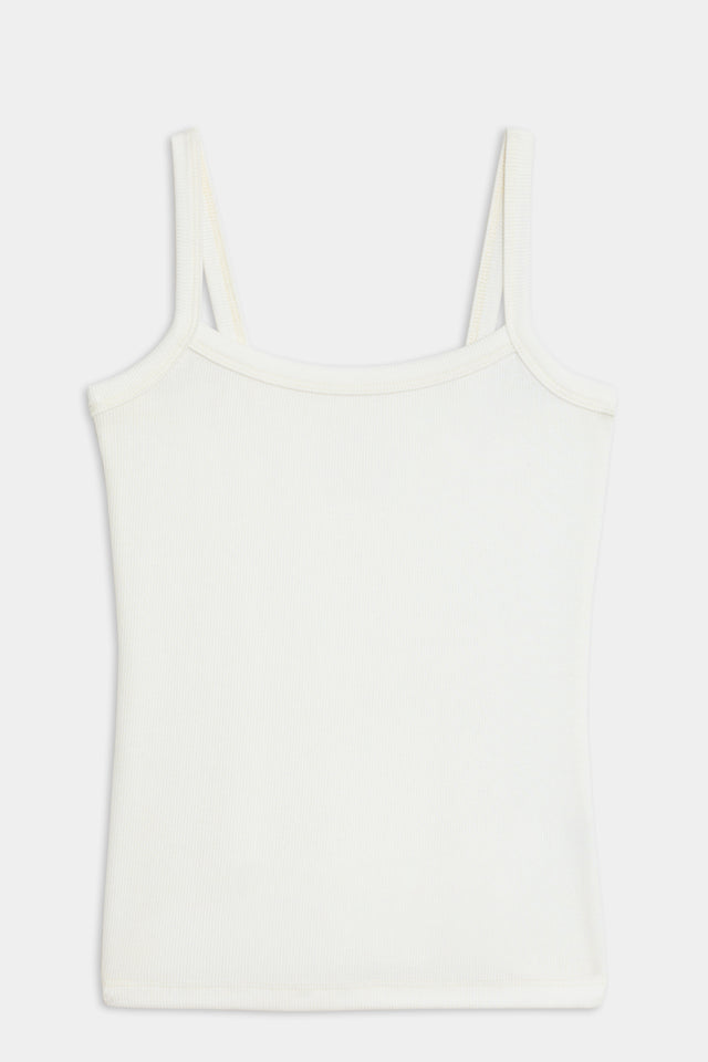Front flat view of white square front and back neckline ribbed tank top with thick arm straps 