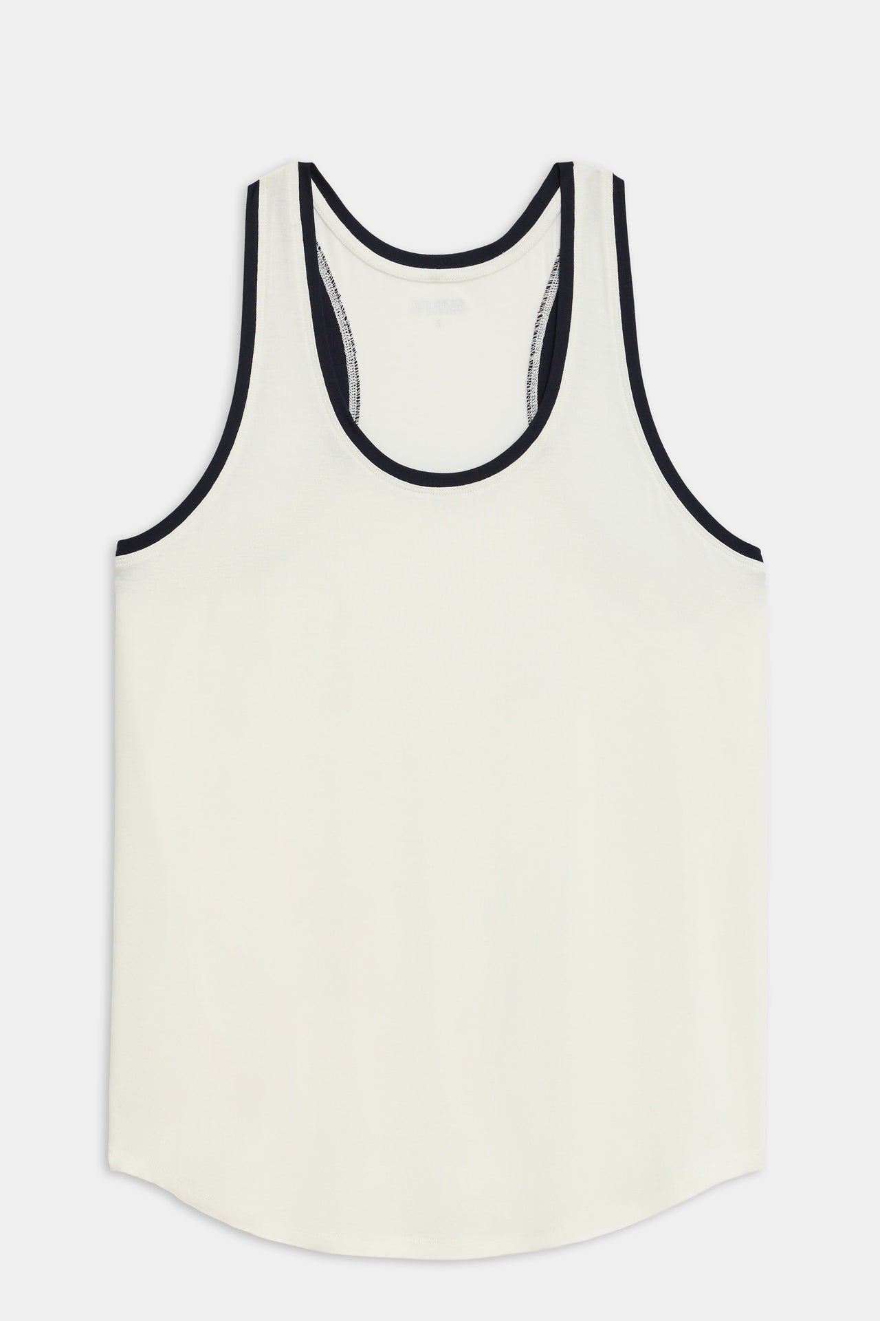 A Hana Ringer Tank in White/Indigo with black trim, perfect for gym workouts by SPLITS59.