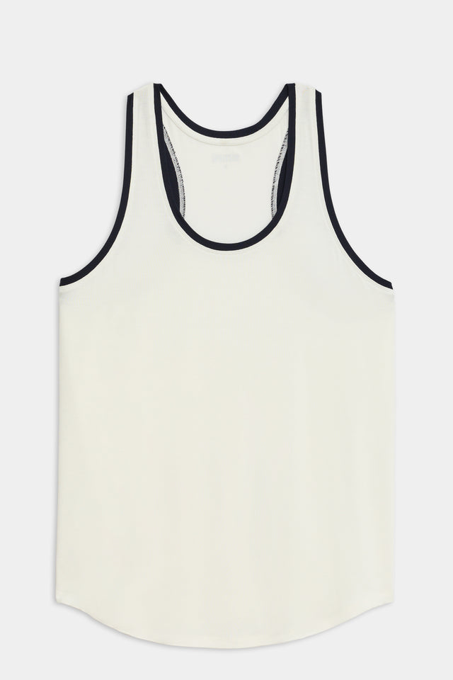 A Hana Ringer Tank in White/Indigo with black trim, perfect for gym workouts by SPLITS59.