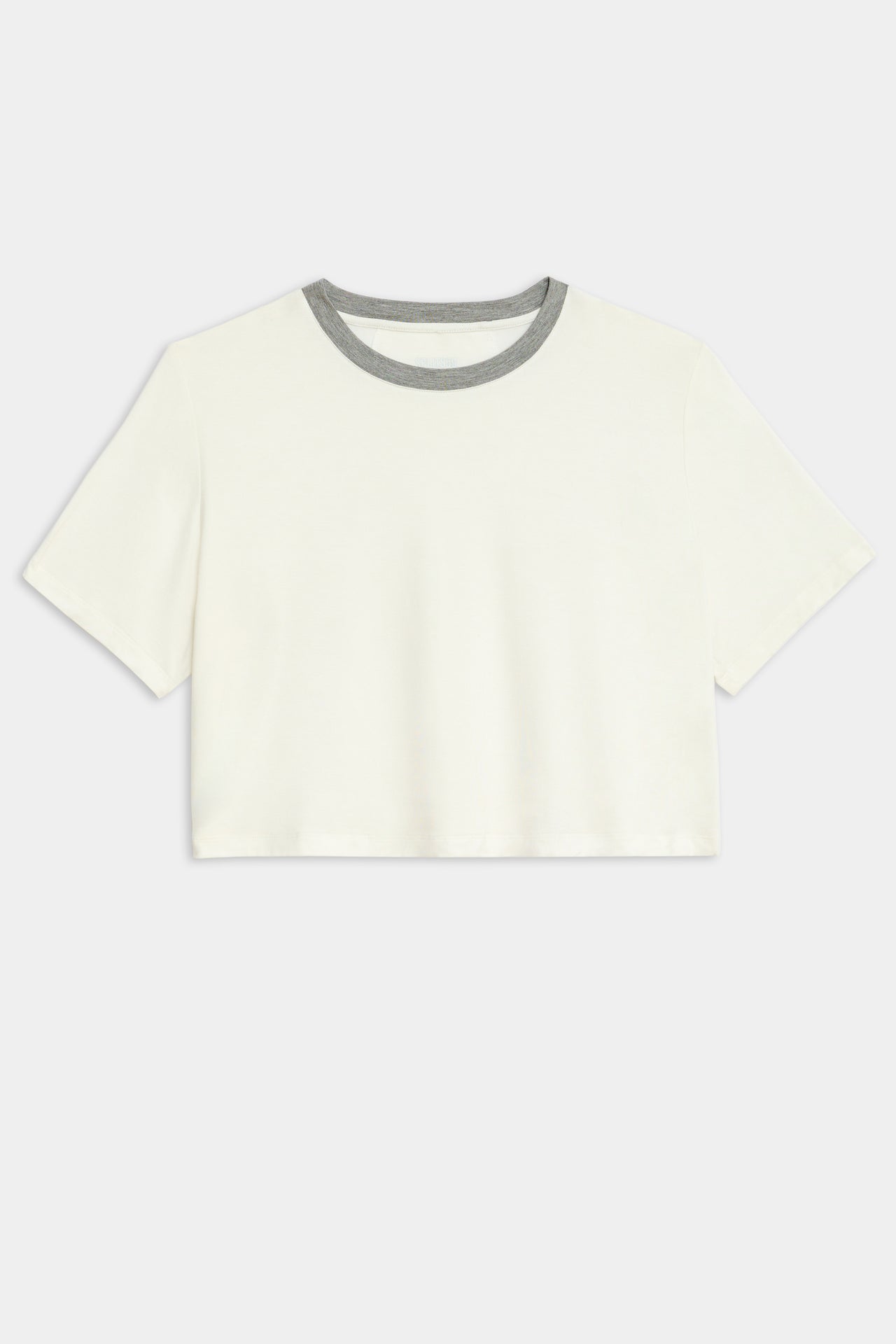 Flat view of white cropped short sleeve t-shirt with thin light grey neck hem 