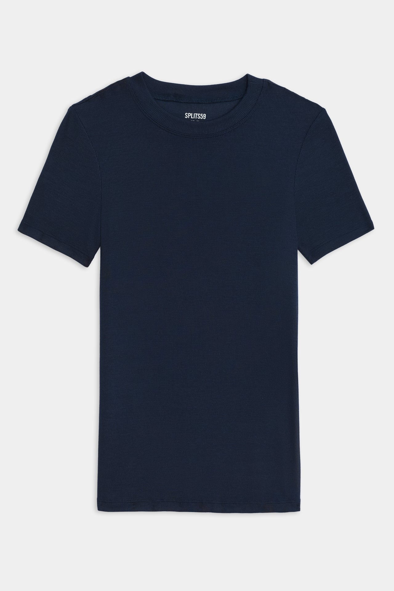 A Louise Rib Short Sleeve - Indigo t-shirt from SPLITS59 with a white logo on the front, perfect for yoga.