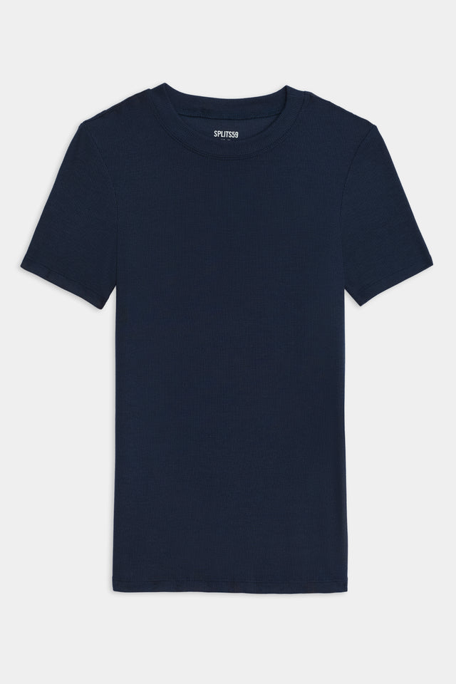 A Louise Rib Short Sleeve - Indigo t-shirt from SPLITS59 with a white logo on the front, perfect for yoga.