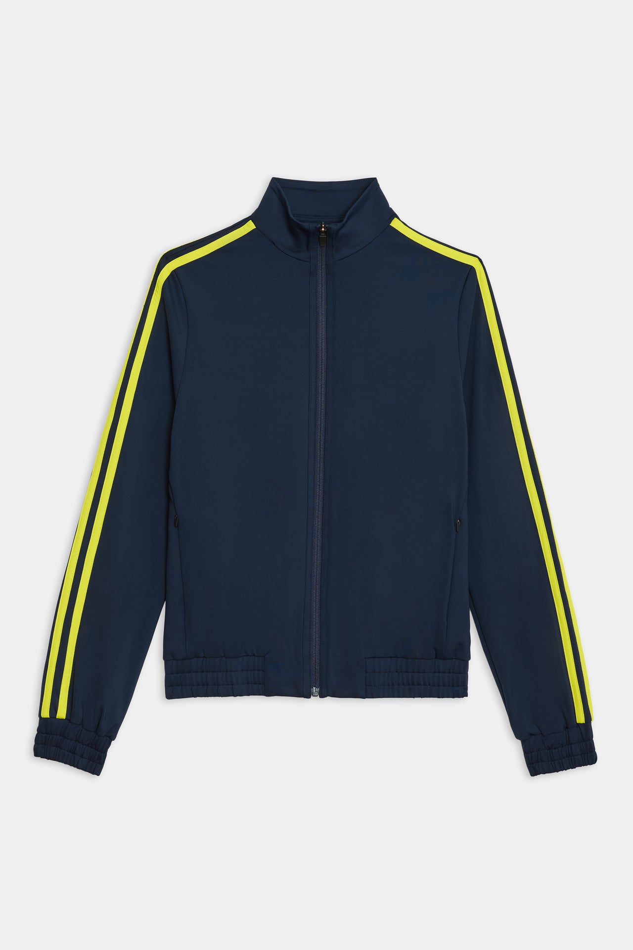 A luxurious SPLITS59 Fox Techflex Jacket in Indigo/Chartreuse with side stripes, perfect as an après workout piece.