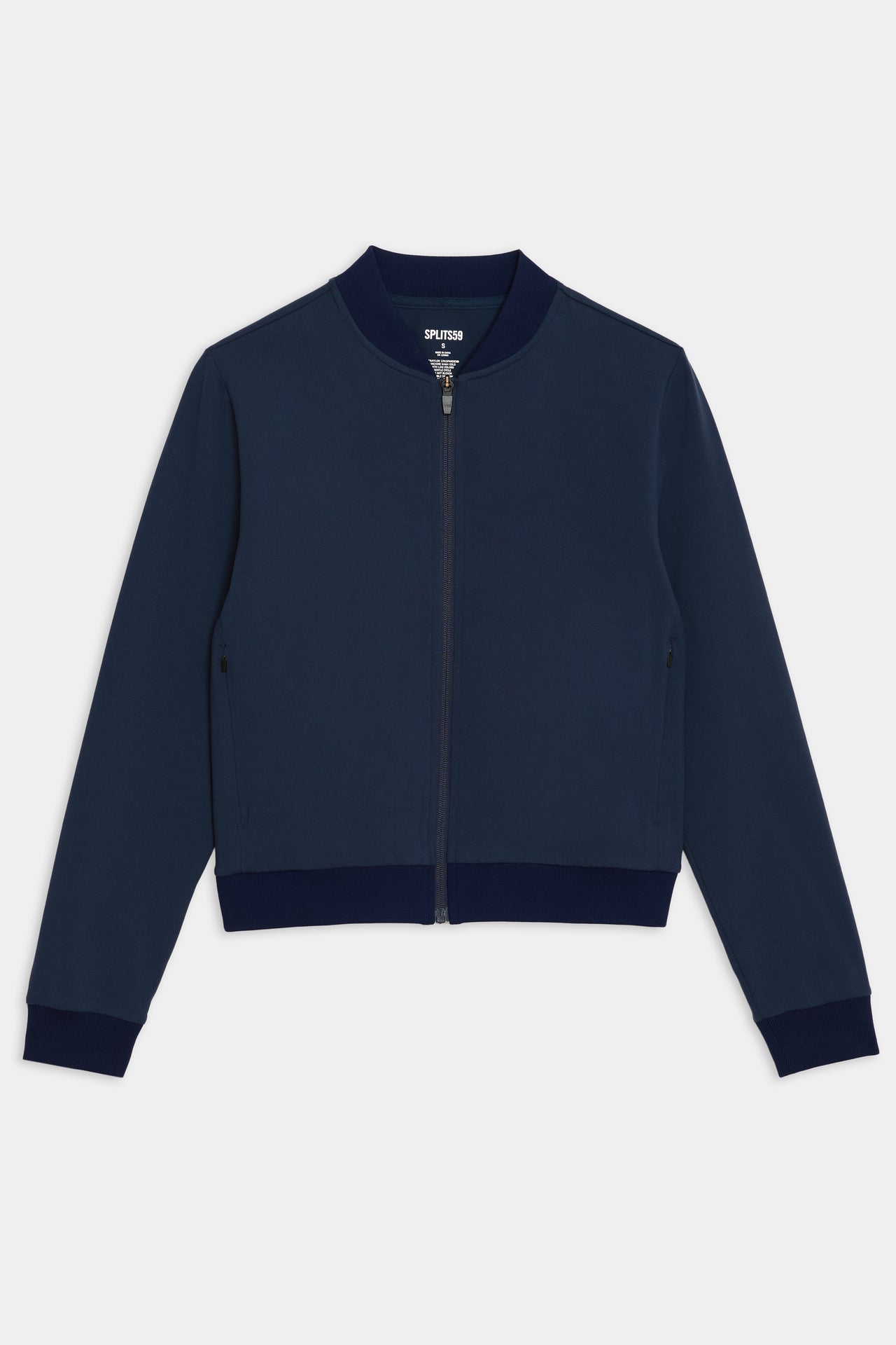 Front flat view of dark blue jacket zipped up