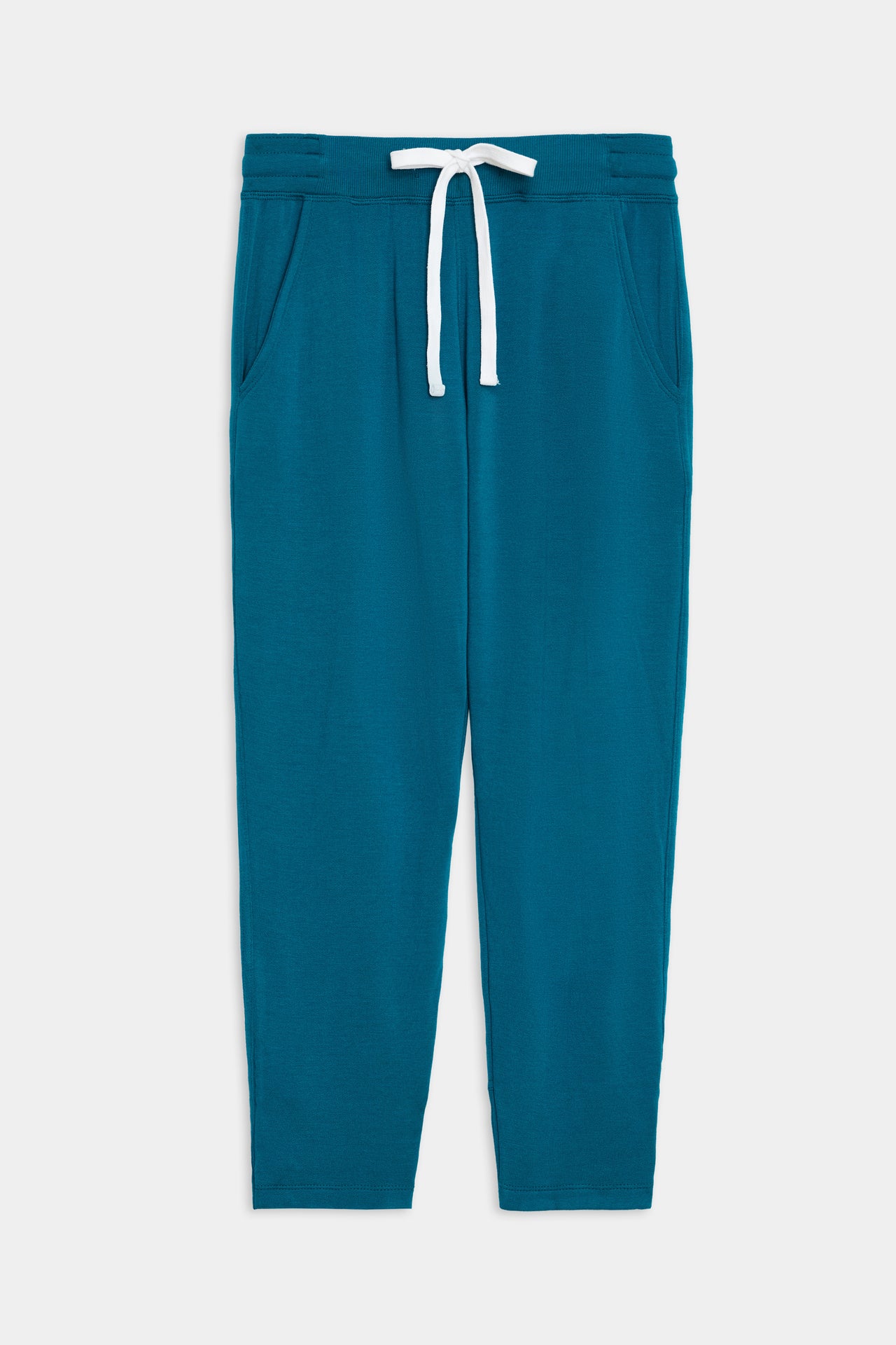 Front flat view of  green and blue tone sweatpant with tapered leg and above ankle length with white drawstring and side hip pockets