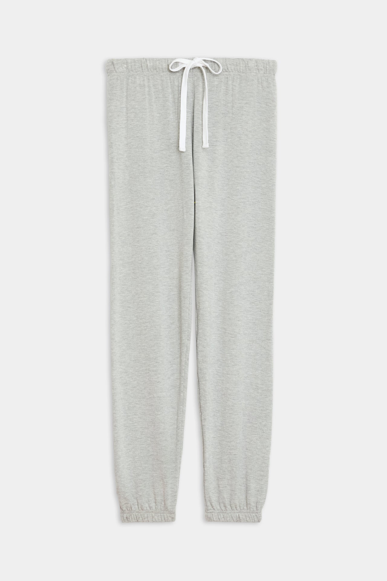 Front flat view of light grey sweatpant jogger with white drawstring