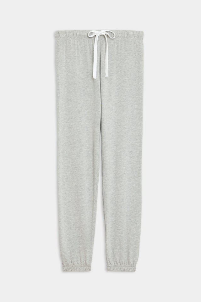 Front flat view of light grey sweatpant jogger with white drawstring