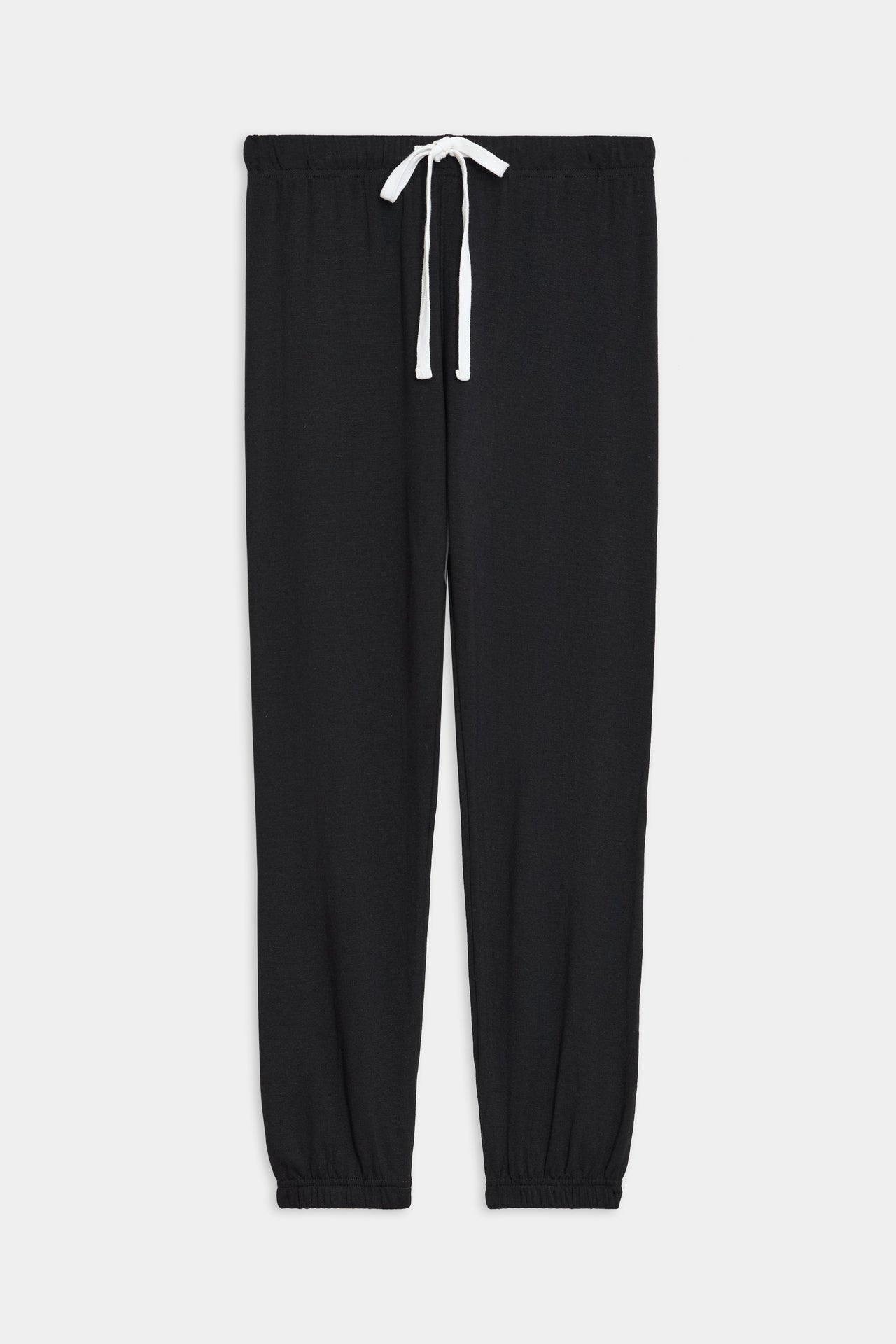 Front flat view of black sweatpant jogger with white drawstring