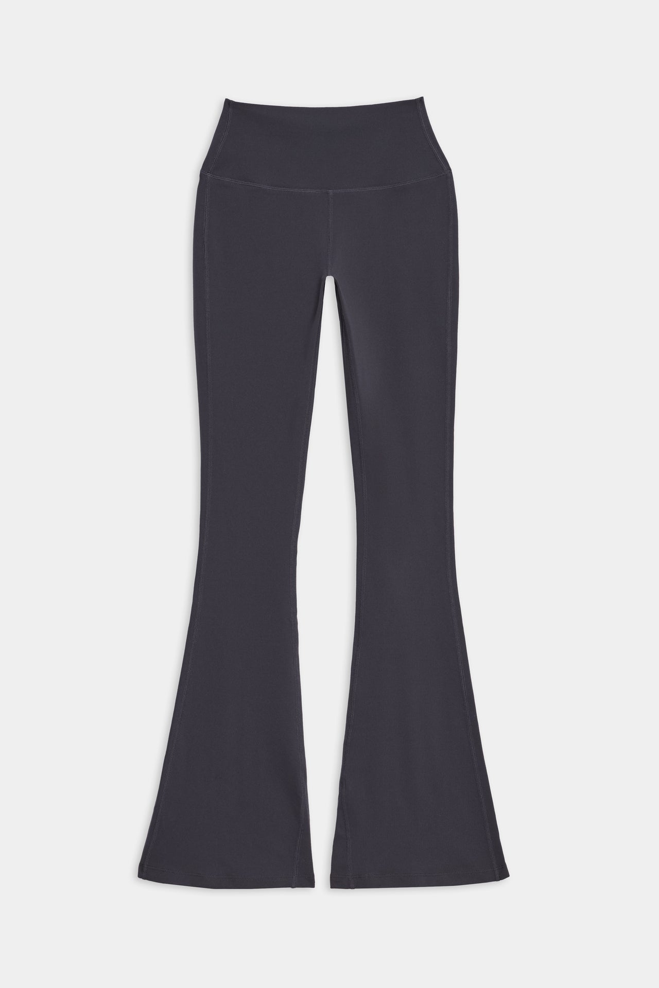 Front flat view of dark gray with dark blue tone high waist below ankle length legging with wide flared bottoms