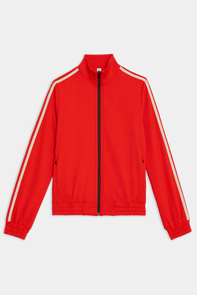 Flat view of view of red zip jacket that stops under chin with two white stripes down the side and a black zipper in the front 