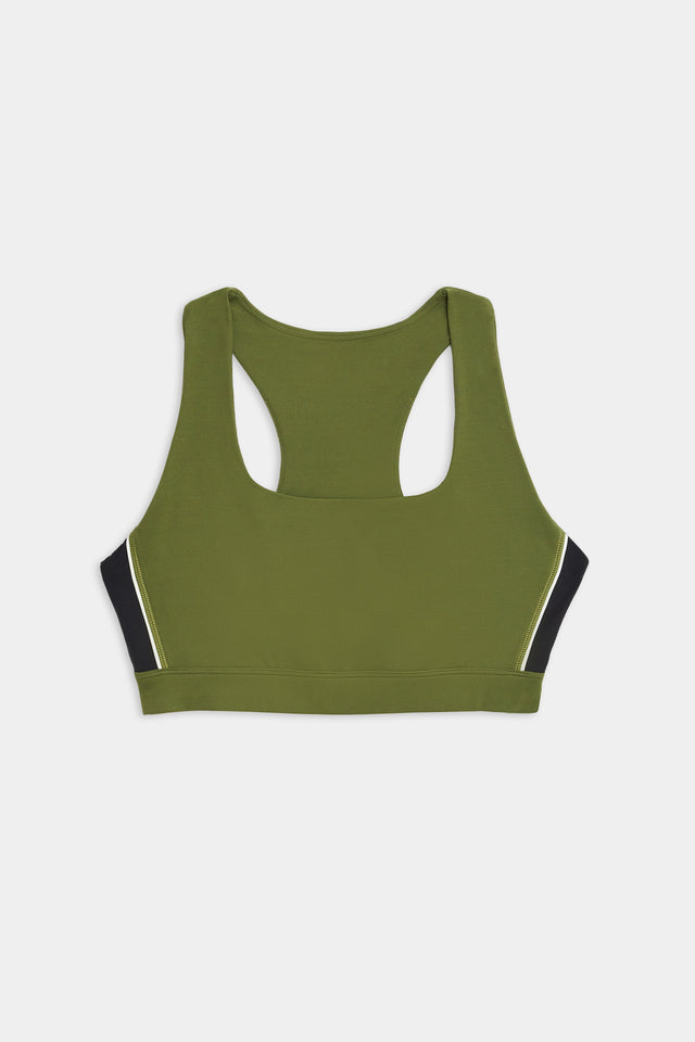 The SPLITS59 Lexi Rigor Bra - Olive/Black, crafted from a blend of spandex and nylon, featuring a racerback design and black side panels with white piping details, laid flat on a white background.