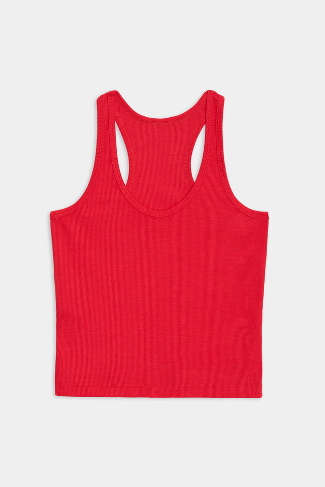 The SPLITS59 Ashby Rib Crop - Pirate Red, perfect for gym workouts or yoga, is a bright red ribbed tank top featuring a racerback design, displayed on a white background.