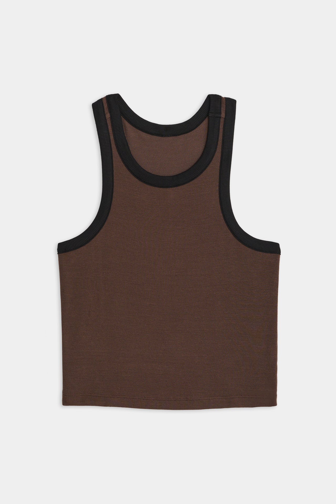 A sleeveless brown ribbed cropped tank top with black trim around the neck and armholes, crafted from a soft fabric blend, laid flat on a white background is the SPLITS59 Kiki Rib Crop Tank - Dark Chocolate/Black.