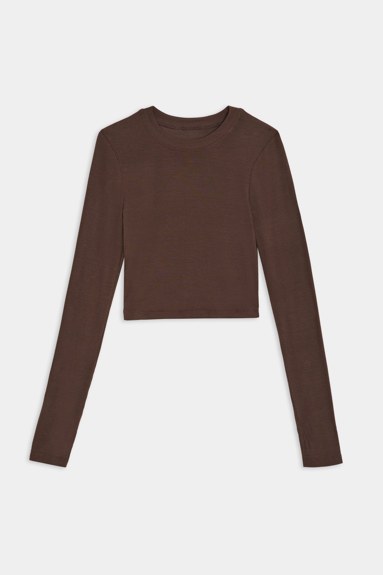 A SPLITS59 Louise Rib Long Sleeve Crop - Dark Chocolate, with a round neckline, made from 95% Modal and 5% Spandex, laid flat on a plain white background.