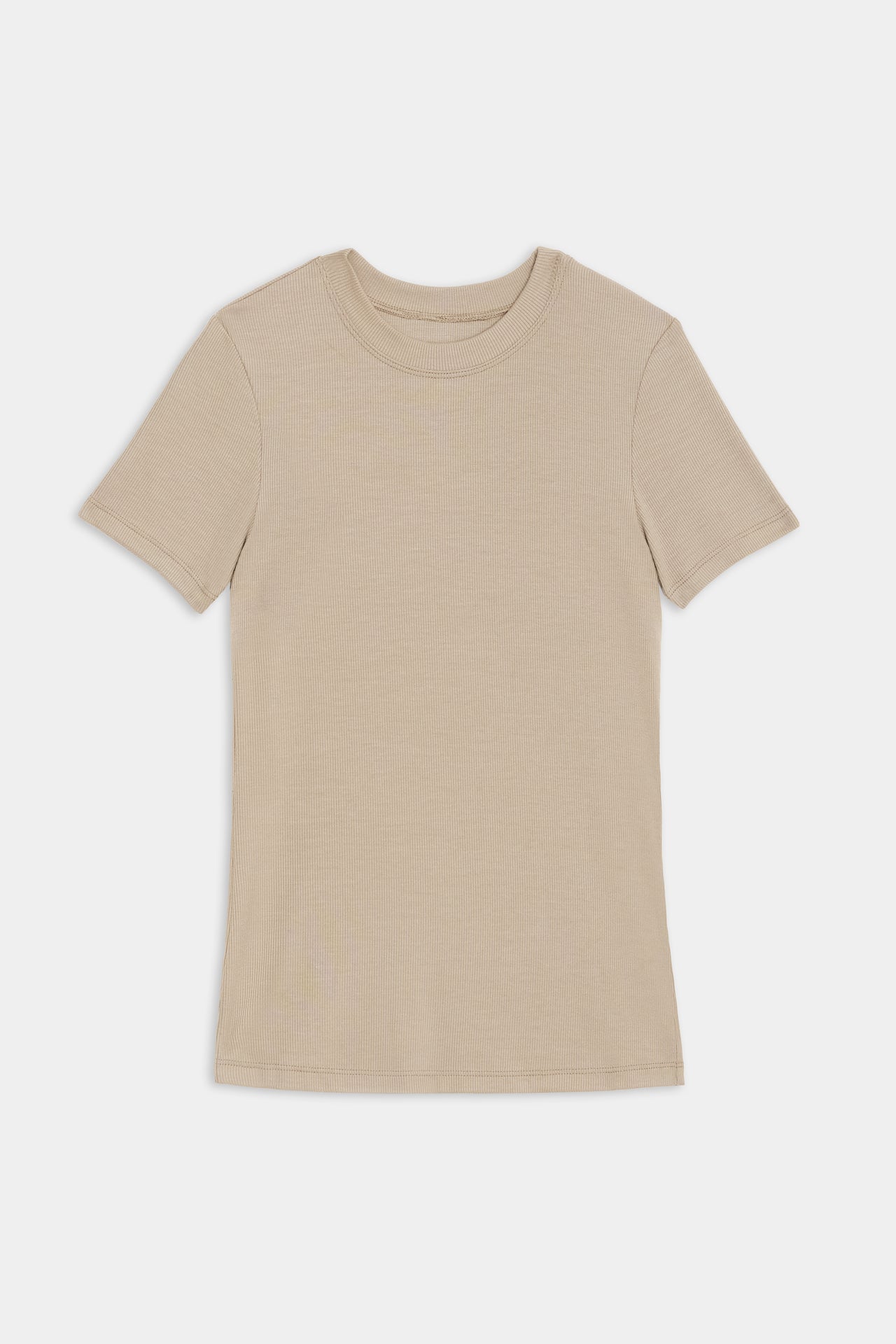 A plain, short-sleeve beige T-shirt with a round neckline made from soft modal fabric is displayed flat against a white background is the Louise Rib Short Sleeve - Latte by SPLITS59.