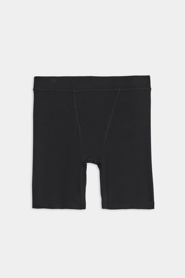 Theo Rib Short - Black by SPLITS59, made from durable fabric with an elastic waistband and mid-thigh length, displayed on a plain white background.