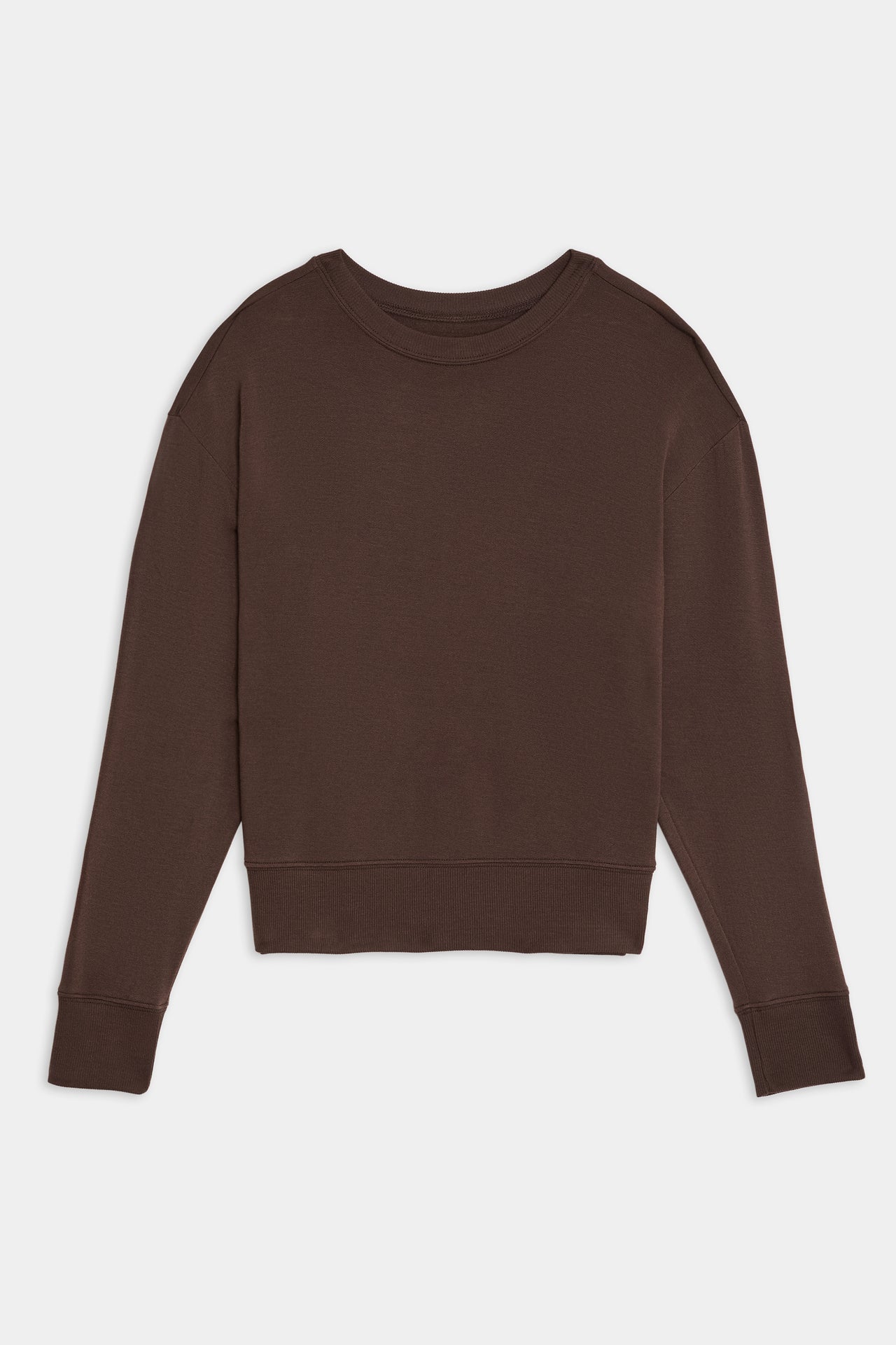 A long-sleeve, dark brown Sonja Fleece Sweatshirt - Dark Chocolate from SPLITS59 made of soft modal fabric with ribbed cuffs and hem, laid flat against a white background.