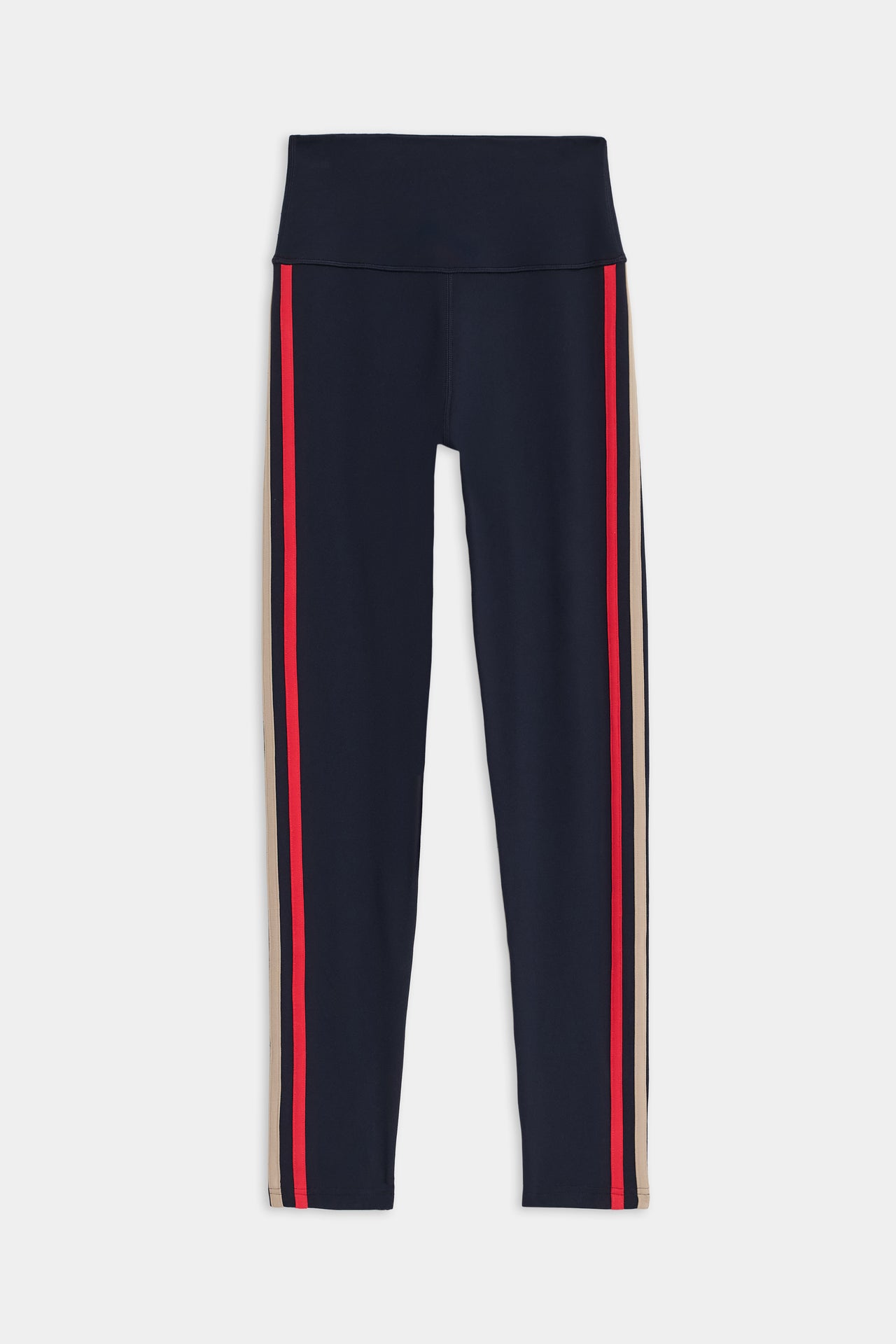 Navy blue leggings with a high waist, crafted from a blend of spandex and nylon fabric, featuring red and beige side stripes running down the length of each leg. Product: Ella High Waist Airweight 7/8 - Indigo/Pirate Red by SPLITS59.