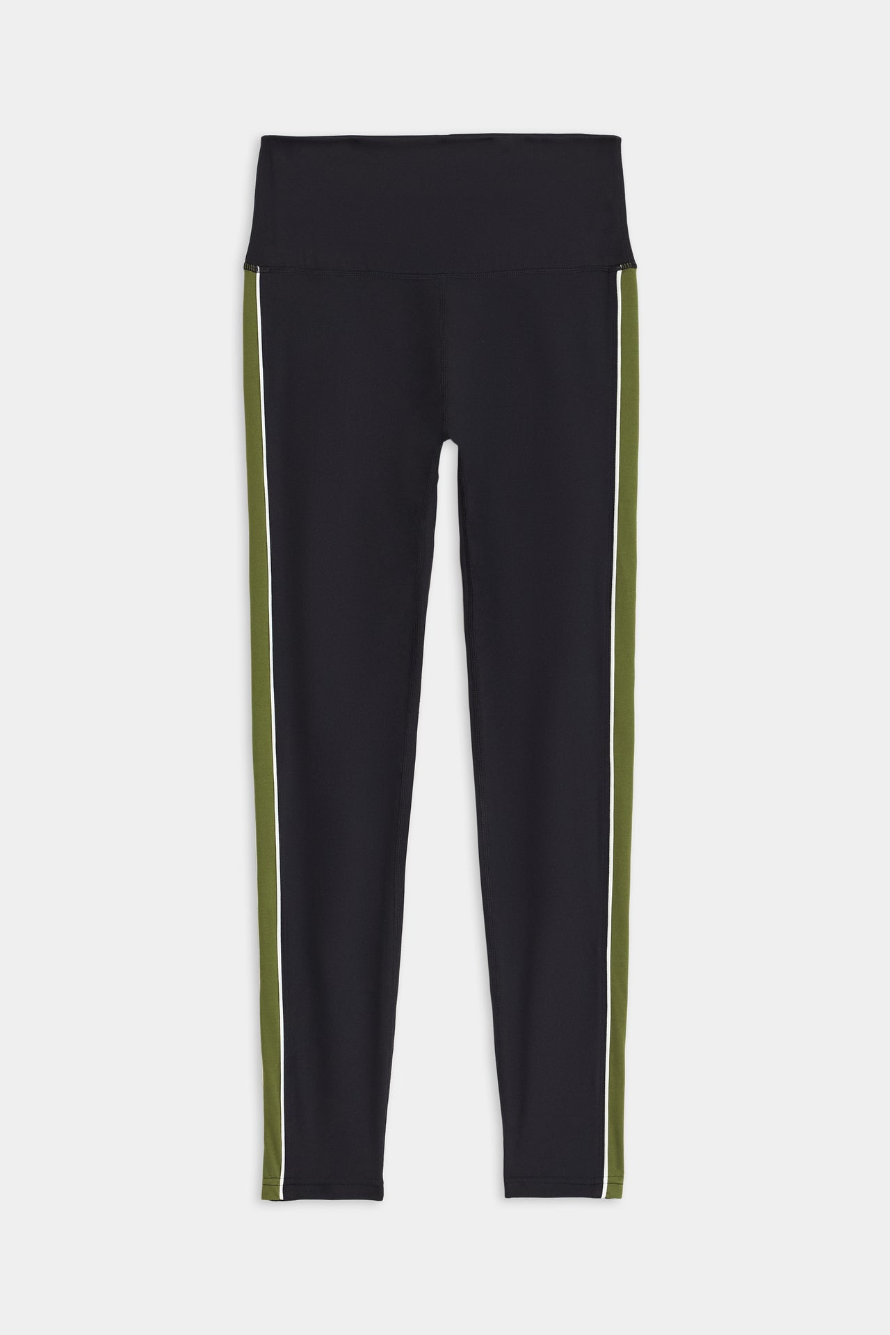 SPLITS59 Margot Rigor Legging - Black/Olive with a high waist, crafted from a mix of spandex and nylon, featuring side stripes in green with a white outline.