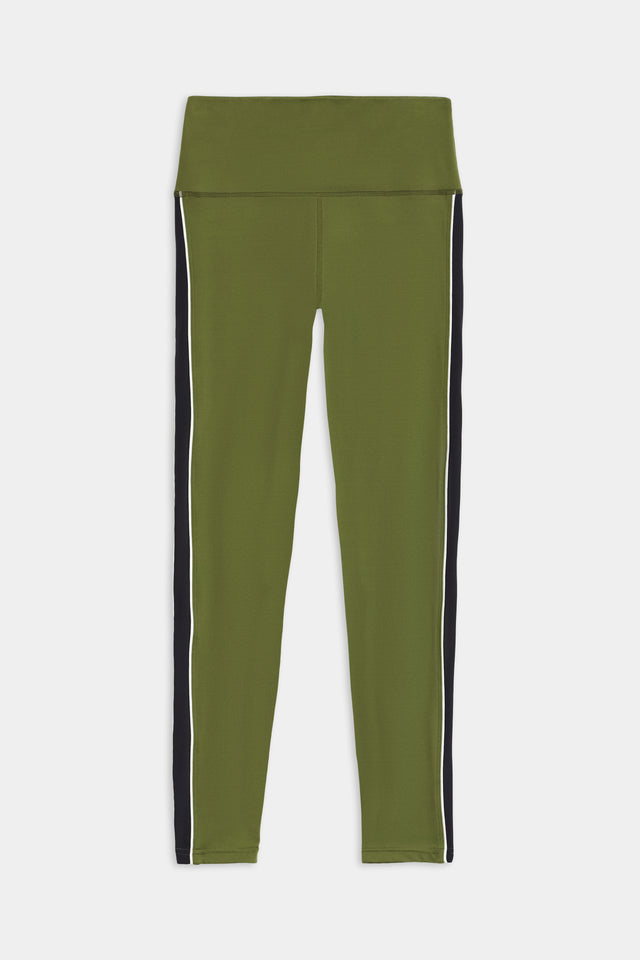 SPLITS59 Margot Rigor Legging - Olive/Black crafted from spandex and nylon, featuring black side panels and white trim.