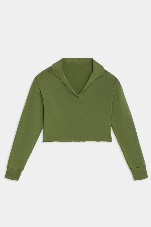 Joan Fleece Polo Sweatshirt - Olive, a green long-sleeve collared crop top with a v-neck, crafted from soft modal and spandex fabric by SPLITS59, laid flat against a white background.