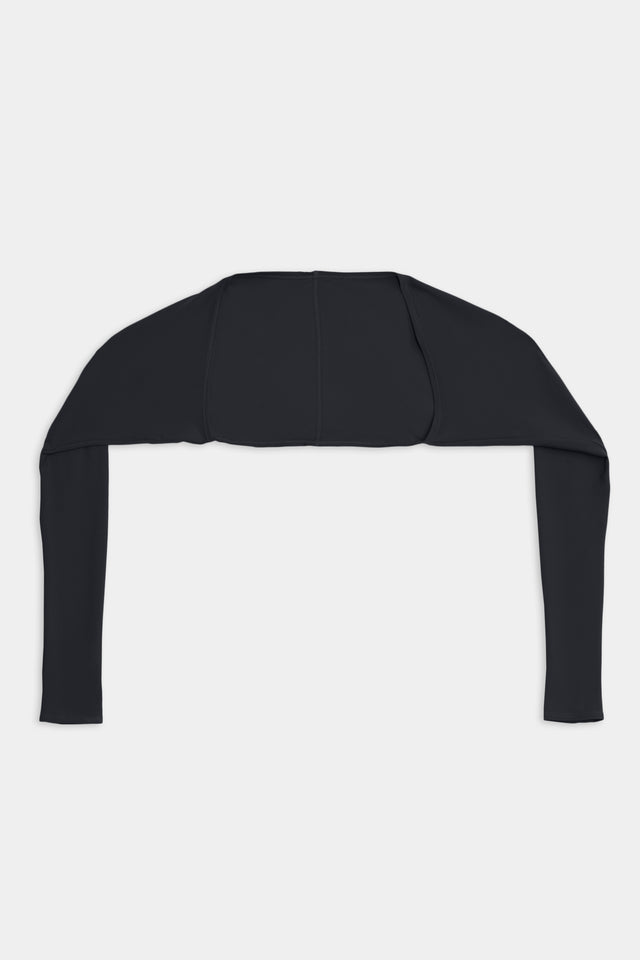 A SPLITS59 Shiri Airweight Shrug - Black with long sleeves, crafted from a blend of spandex and nylon, displayed on a plain white background.