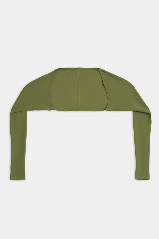 SPLITS59 Shiri Airweight Shrug - Olive, crafted from a smooth blend of nylon and spandex, laid flat on a white background.