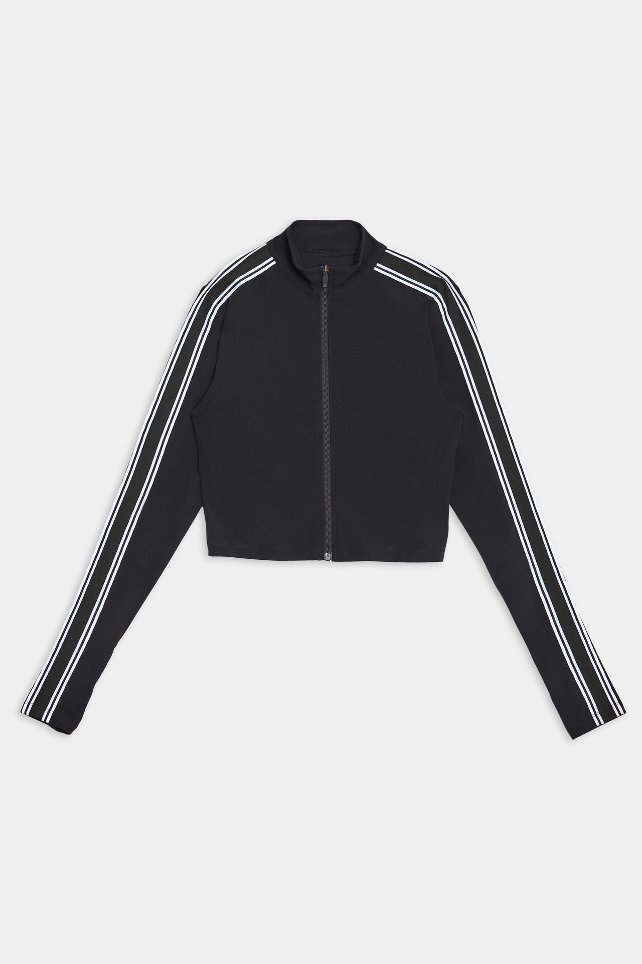 The Leo Airweight Jacket Crop - Black/White from SPLITS59 is made from sleek nylon fabric, featuring white double stripes on the shoulders and sleeves, and a front zipper.