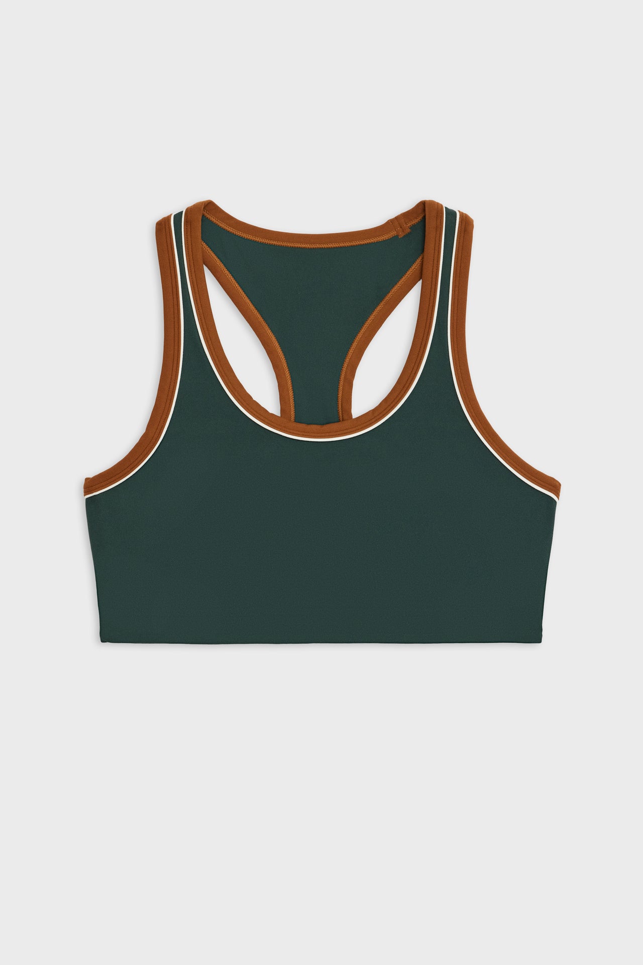 Front flat view of dark green bra with white and dark orange border arm and neckline and racerback