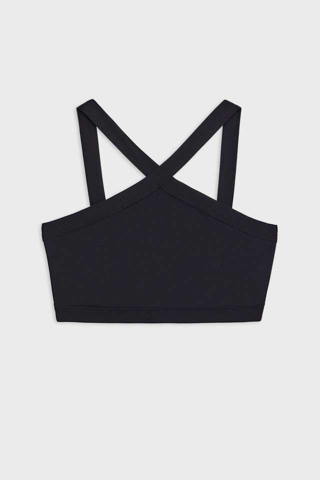 Front flat view of black bra with thick black cross-front neckline straps 