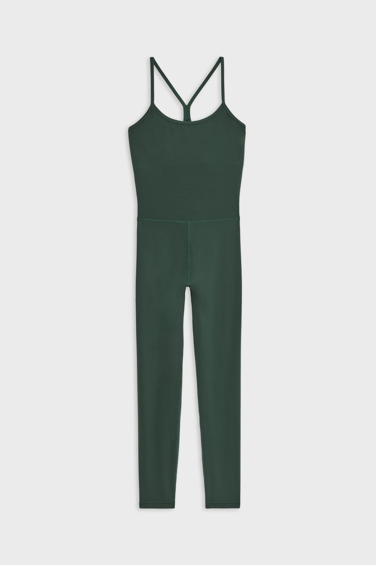 Flat  view of dark green one piece with leggings and spaghetti straps