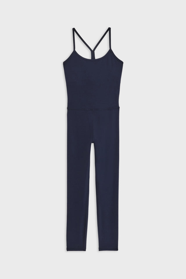 Front flat view of dark blue one piece jumper with spaghetti straps 