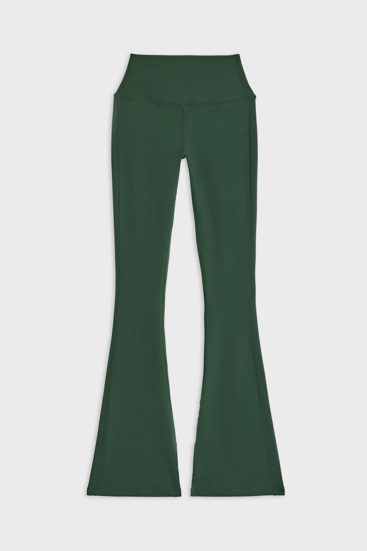 Front flat view of dark green high waist below ankle length legging with wide flared bottoms 