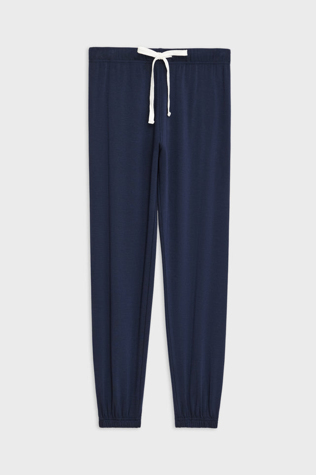 Front flat view of dark blue sweatpant jogger with white drawstring 