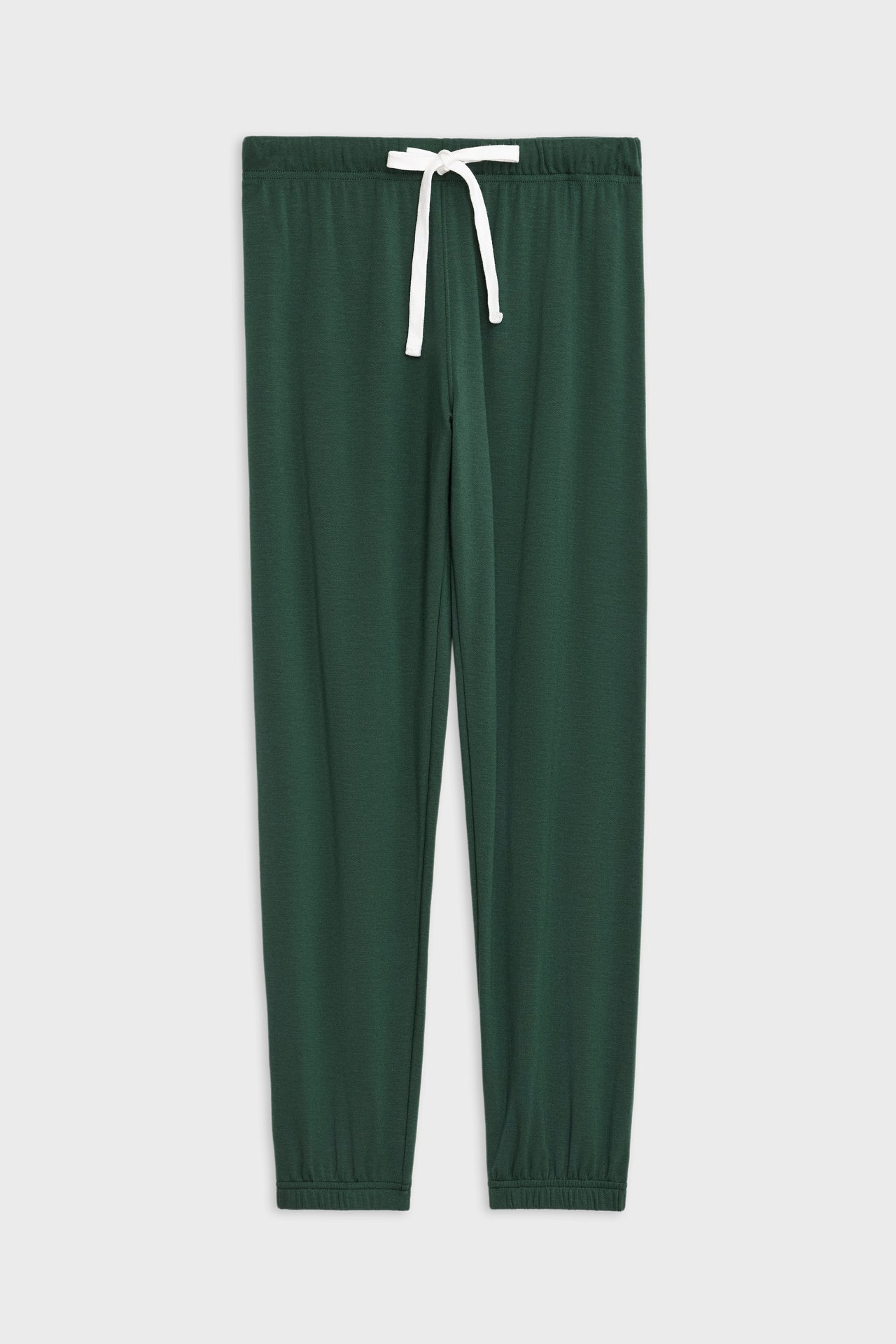 Front flat view of  dark green sweatpant jogger with white drawstring