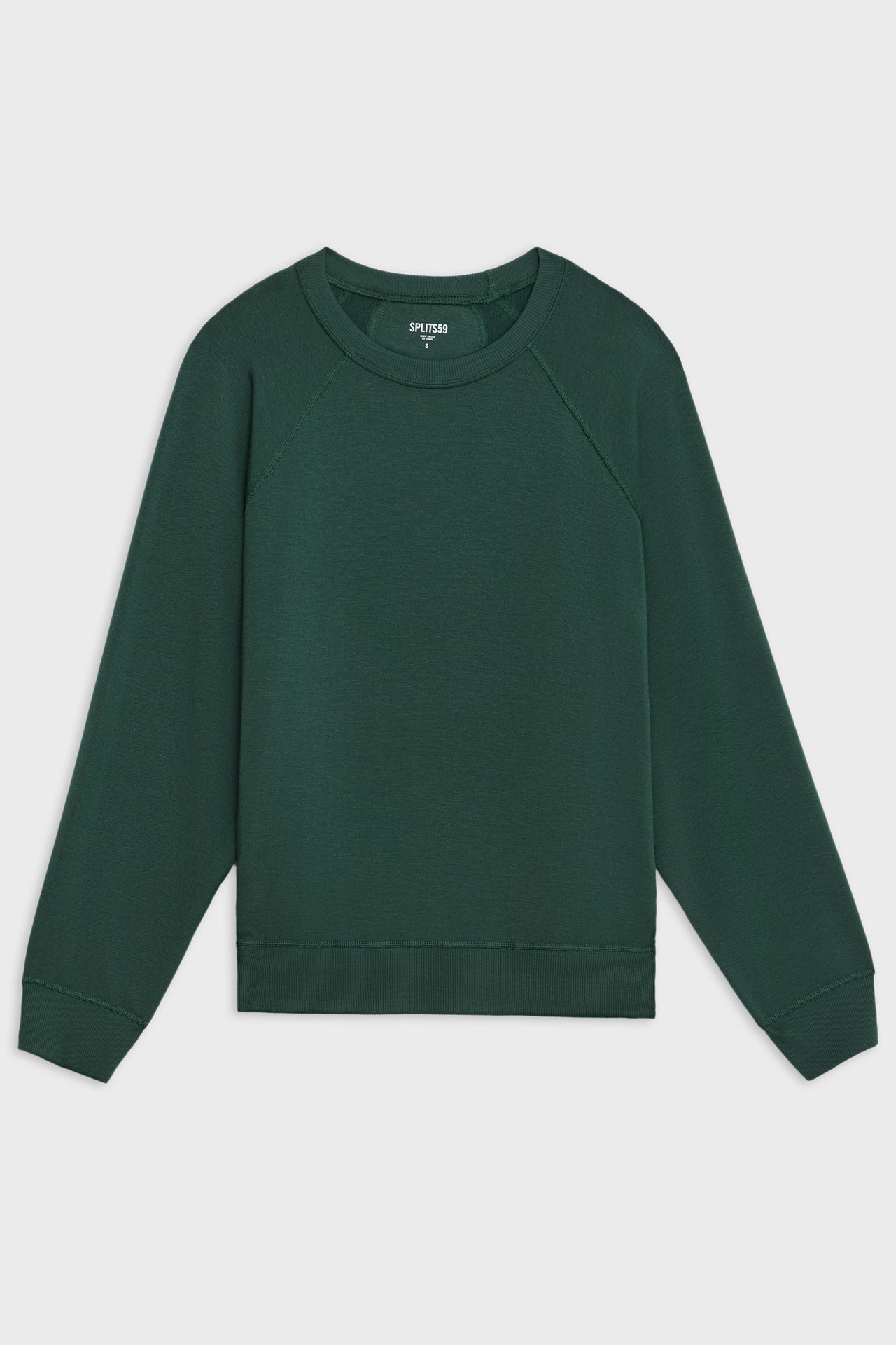 Flat view of dark green sweatshirt with visible stitching and ribbed hem