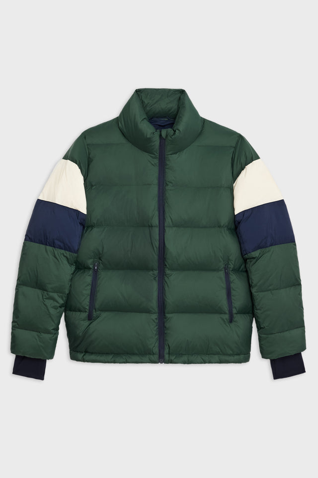 Flat view of dark green puffer jacket with blue and white stripes on arms and sleeve cuffs with thumb holes