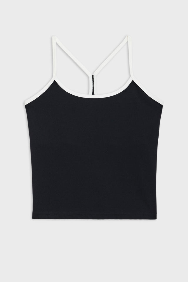 Flat view of black spaghetti strap tank top with with straps