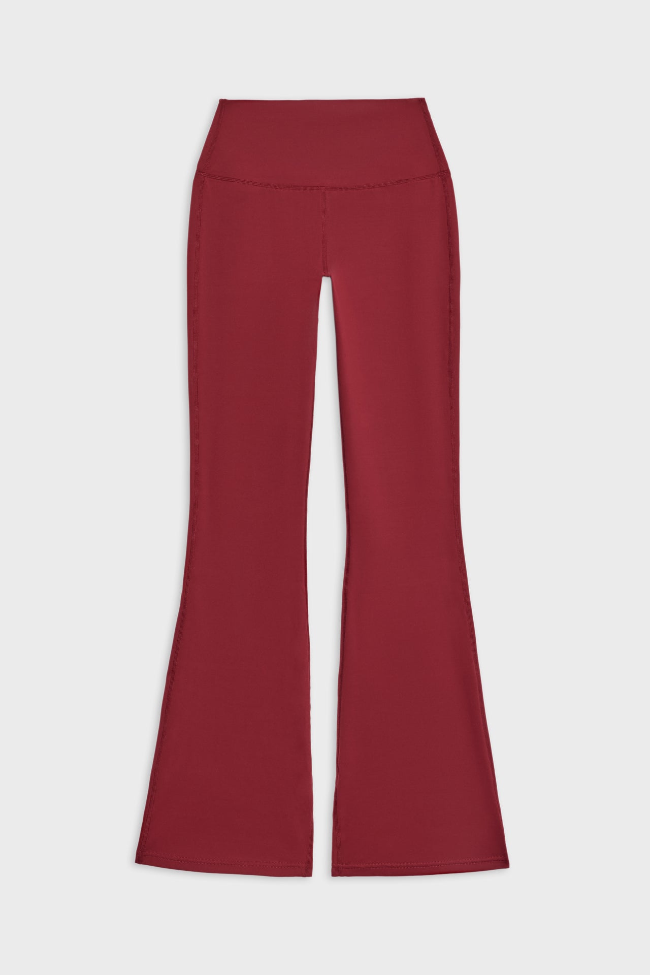 Front flat view of dark red high waist below ankle length legging with wide flared bottoms